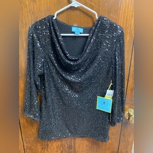 NWT $89.00 CeCe Womens Blouse Black Sequined Cowl Neck 3/4 Sleeve Size M Top